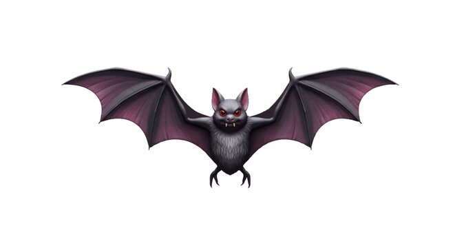 A spooky and menacing vampire bat with glowing red eyes and wide wings spread open on a white background, perfect for Halloween or dark fantasy themes