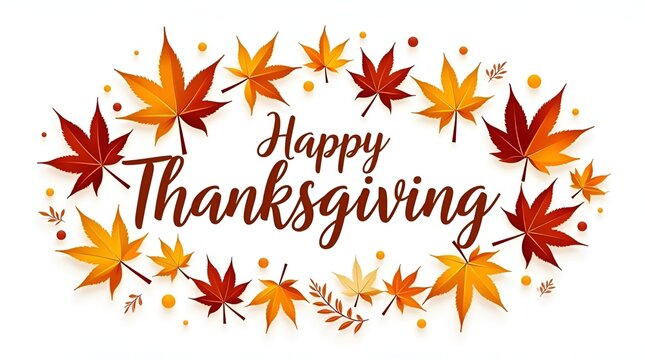 Whimsical Thanksgiving greeting, cute hand-lettered &ldquo;Happy Thanksgiving&rdquo; text with cartoon-style autumn leaves, cheerful mood, isolated on white background