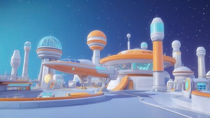 Naklejka premium Futuristic Cityscape: A vibrant, imaginative illustration of a futuristic city under a starlit sky, showcasing advanced architectural design and a sense of technological wonder.