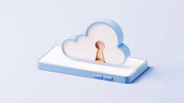 Cloud data security on mobile device animated in 3d with a dynamic keyhole, representing digital protection