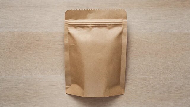 Isolated Kraft Paper Pouch Mockup on Light Wood. Sustainable Packaging & Eco-Friendly Product Shoots. Biodegradable zipper pouch made of natural kraft paper on a unfinished light oak wood surface.
