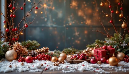 Festive Christmas Decoration with Berries and Ornaments