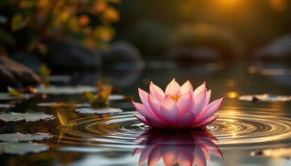 Pink Lotus Flower in Pond at Sunset