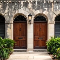Wooden doors with arch, lantern and greenery