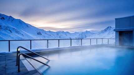 Naklejka premium A serene outdoor spa pool on a balcony overlooks snow-capped mountains under a pale sunset as mist rises,calm