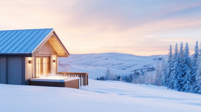 A snow-blanketed cabin with a blue metal roof sits beside a wooden deck, overlooking a tranquil winter valley!!