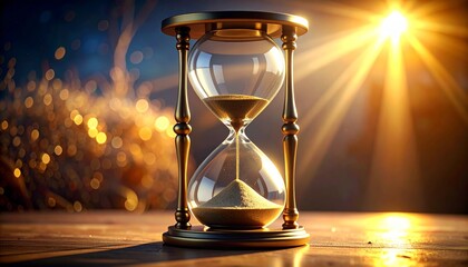 Classic hourglass on wooden table with golden light.