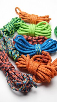 Assortment of Colorful Ropes Tied in Bundles on a White Background