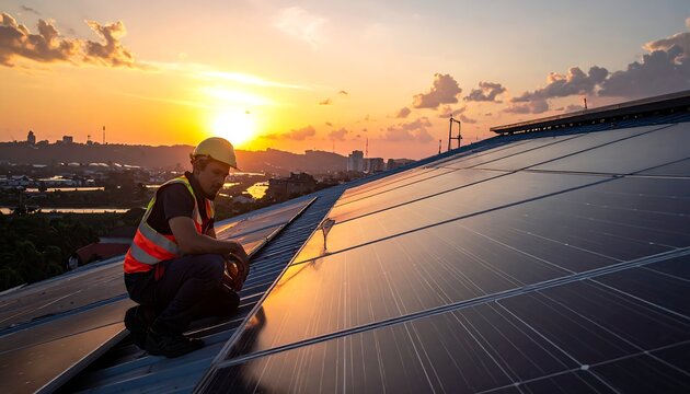Rooftop worker installing solar panels at sunset, scenic vista backdrop
