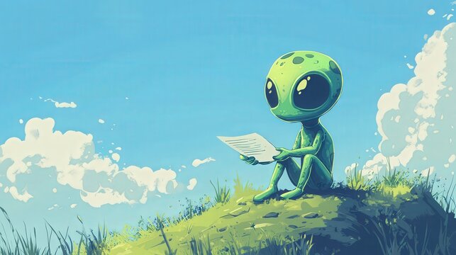 Curious Observer: A friendly alien contemplates a document, resting upon a green hillside, under a bright, sunny sky. Evoking a sense of wonder and connection across the vastness of the universe.