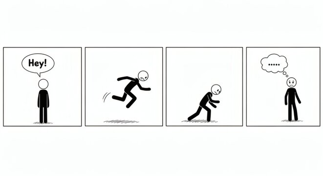 A humorous four-panel comic strip illustrating the common experience of a stick figure's initial burst of energy quickly turning into breathless exhaustion