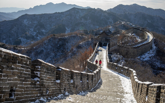 The Mutianyu section of the Great Wall of China in winter.