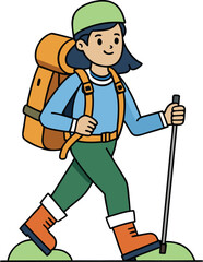 Fototapeta premium Young hiker illustration featuring smiling traveler with backpack and walking stick, colorful flat style artwork symbolizing adventure, hiking lifestyle, outdoor travel and exploration fun!