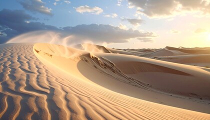 Serene desert landscape with sand dunes at sunrise.