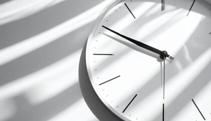 White clock face with hour and minute hands on a white surface.