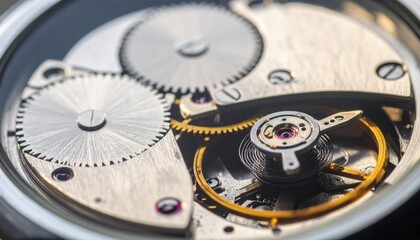 Intricate mechanical watch movement with gears and springs.
