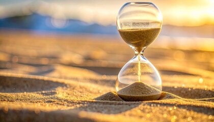 Hourglass on sandy beach at sunset with warm golden light.