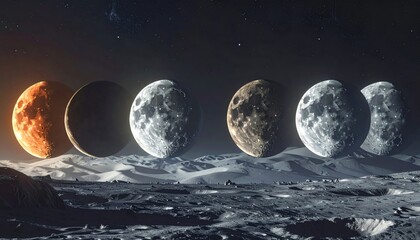 Lunar Eclipse Phases Over Cratered Moon Surface.