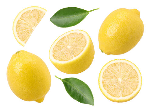 lemon fruit with leaves, slice and half isolated, Fresh and Juicy Lemon, transparent png, PNG format