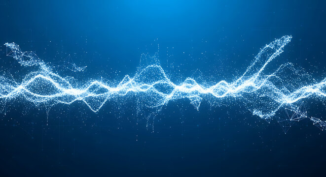 Abstract glowing blue wave composed of luminous particles and shimmering dots flowing smoothly across a digital dark background representing big data visualization and futuristic technology