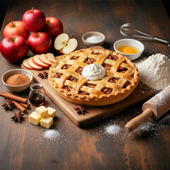 Homemade apple pie with fresh ingredients on rustic wooden table