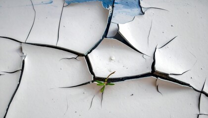 Small green sprout growing through cracked dry white surface.