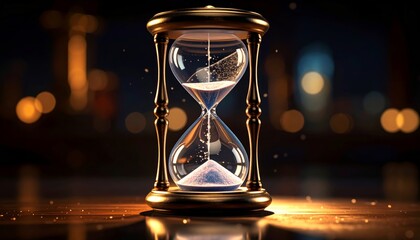 Hourglass with sand flowing against a blurred cityscape at night.