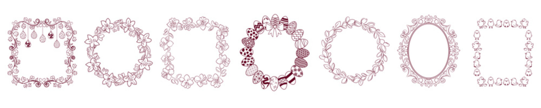 Elegant Easter Floral Frame Collection in Hand-Drawn Line Art Style Spring Botanical Wreaths and Cute Chick Borders Vector Illustration