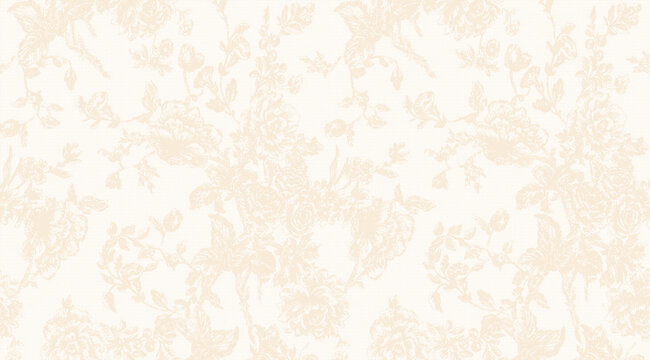 Subtle beige floral damask pattern on an off-white textured background, elegant and seamless vintage wallpaper design