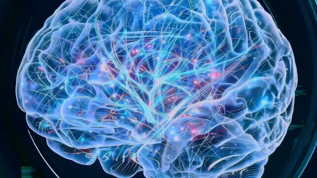 Glowing brain with active synapses, pink and blue nodes firing across cortex with pulsing electrical pathways, side view neural mapping, neuroscientist studying synaptic dynamics, energetic
