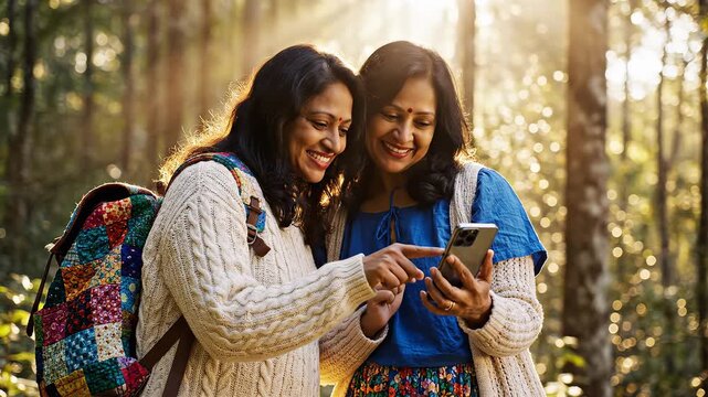 Two women in forest using smartphone