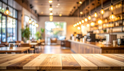 Empty wooden table in a blurred cafe or restaurant interior with hanging lights.