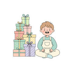 Vector illustration of a cheerful child in overalls sitting cross-legged next to a tall stack of pastel colored gift boxes tied with ribbons on a clean light background