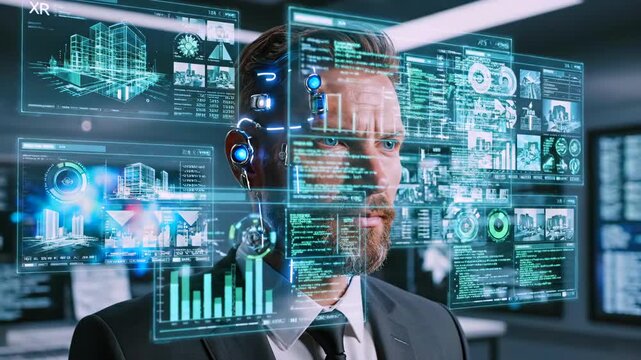 executive using ai holographic analytics dashboard in modern control room, headset mounted on temple, transparent charts, bar graphs, world map, data streams, tense focused expression,