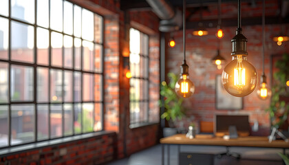 Modern loft office interior with exposed brick and hanging lights.