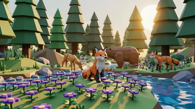 A lowpoly forest scene with a deer bear and foxes beside a stream with purple flowers under a sunlit sky