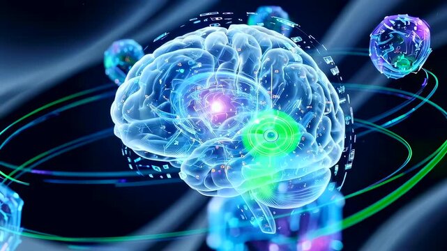 Transparent brain surrounded by orbiting nodes, molecular spheres and orbital rings rotating around cortex with green activation hotspot, biotech visualization showing particle motion,