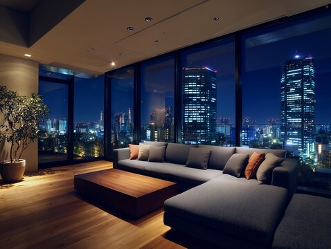 夜景を一望できる高層ビルに囲まれた高級マンションのモダンなリビング空間
