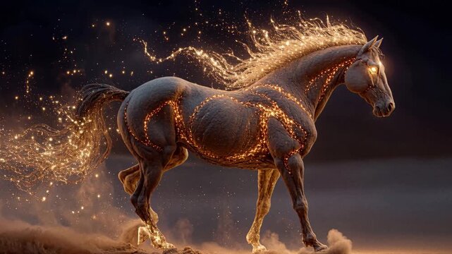 Fire horse in dynamic stride against a desert or beach backdrop with contrasting night sky, glowing ember designs, realistic style with fantastical elements - AI-Generated