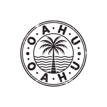 Vintage oahu hawaii circular stamp with palm tree and waves illustration