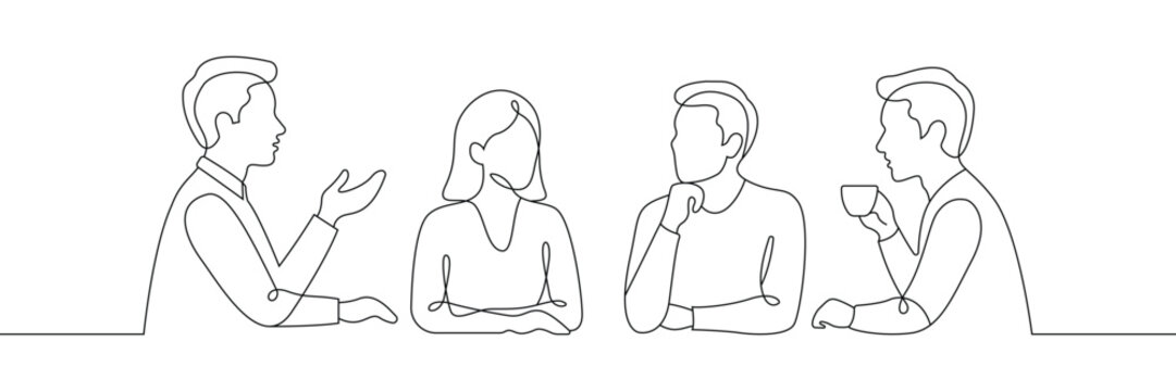 Continuous one line drawing of diverse people sitting at table talking during business meeting coffee break. Editable stroke. Doodle hand drawn vector illustration