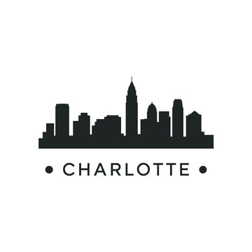 A silhouetted skyline of charlotte north carolina with city name text