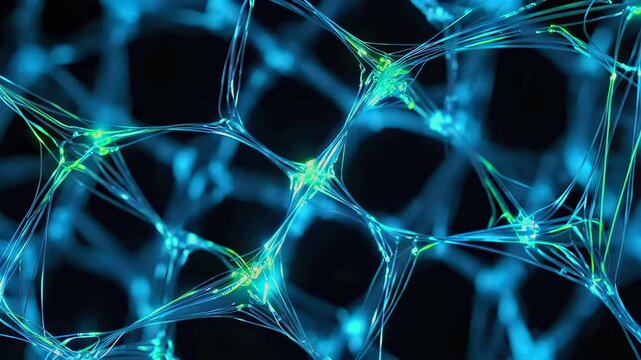 Blue cellular lattice reveals porous membrane and filament junctions in microscopic mesh, close framing of biomaterial scaffold and networked tissue texture for scientific study.