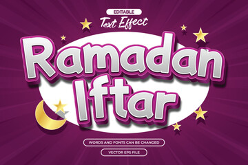 Ramadan iftar editable text effect with cartoon text style and with moon and stars decoration