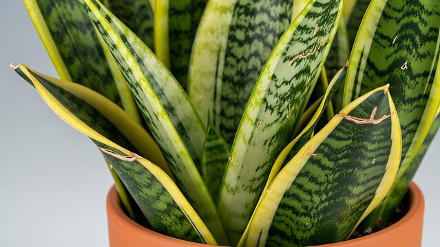 Detailed view of a Sansevieria trifasciata plant's sword-shaped leaves with green and yellow variegation