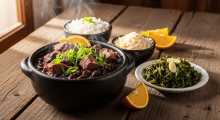 Brazilian feijoada served in clay pot, rustic table, natural light, copy space