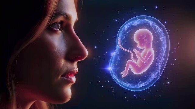 Woman profile facing glowing fetal hologram, expectant mother gently observing holographic embryo in amniotic sac with neon blue and pink lighting, starfield background, emotional