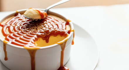 Pudding with caramel syrup, close-up shot, copy space