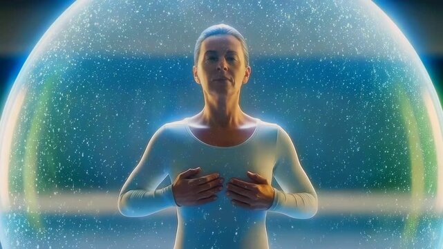 Woman in glowing containment bubble stands centered, palms placed over chest, serene expression, translucent sphere filled with floating particles, neon rim lighting, clinical futuristic lab