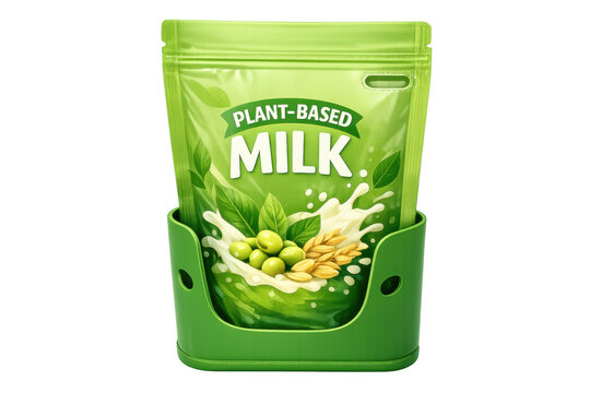 Plant-based milk pouch mockup with soy and oat splash, showcasing vegan dairy alternative in green packaging